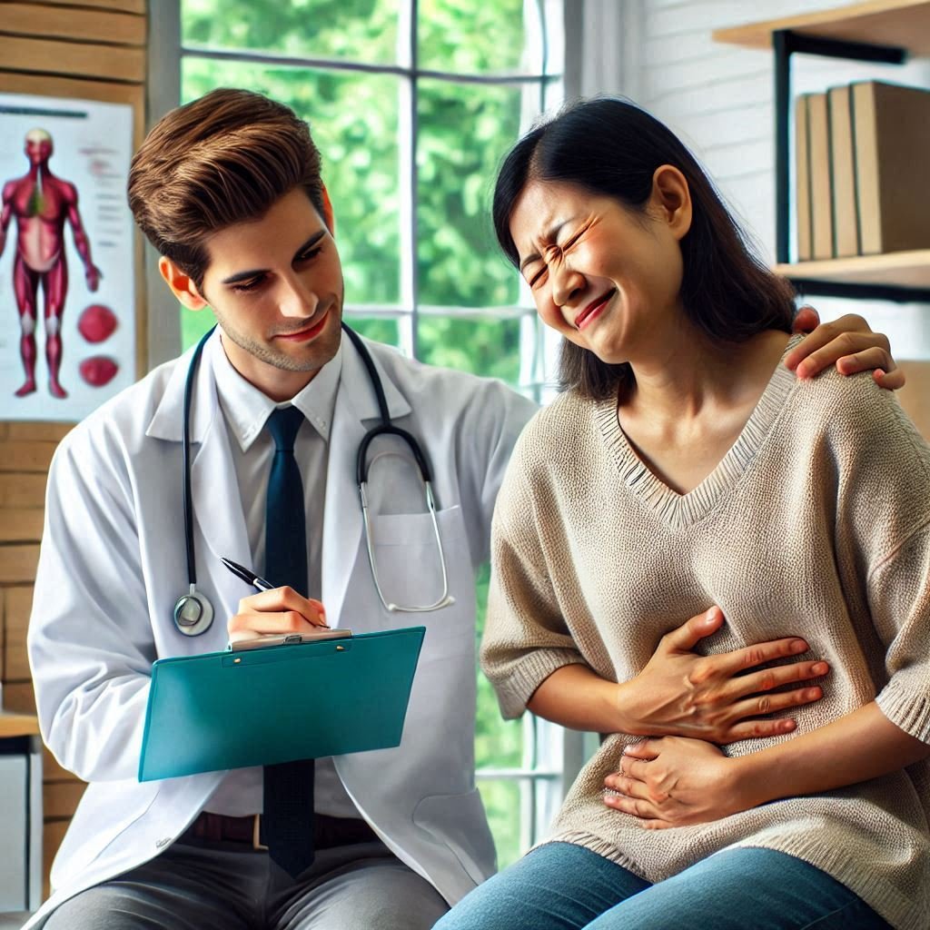 a doctor checking stomach ache